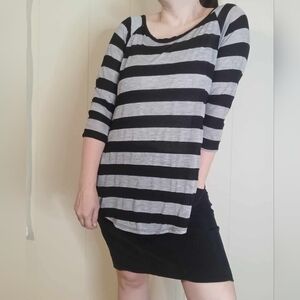 Black & Grey Striped 3-Quarter Sleeve Tee Blouse